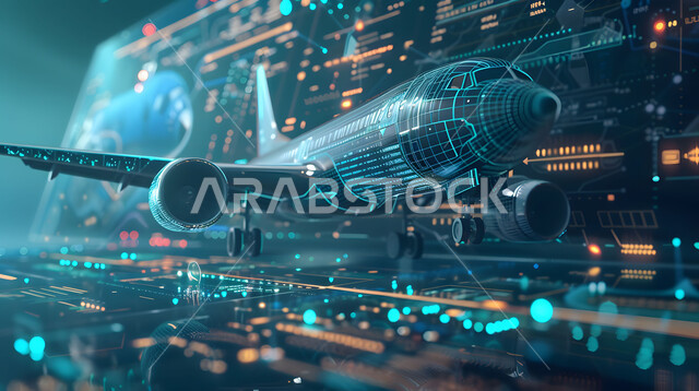 التطور و التقدم التقني والتكنولوجي, رؤية مستقبلية سعودية 2030, المخططات والتصاميم الهندسية لمشاريع المستقبل, رسوم بيانية هولوجرامية ثلاثية الابعاد للنموذج الأولي للآلة النفاثة ,مفهوم السياحة و السفر, الانطلاق نحو الأفق