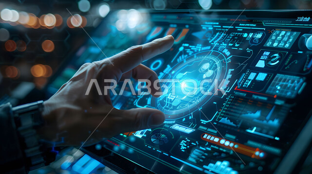 The use of modern technology in the practical field, technical and technological development and progress, Saudi future vision 2030, engineering plans and designs for future projects, a close-up image of a man’s hand clicking on holographic graphics inside a screen, the big data network and digital transformation