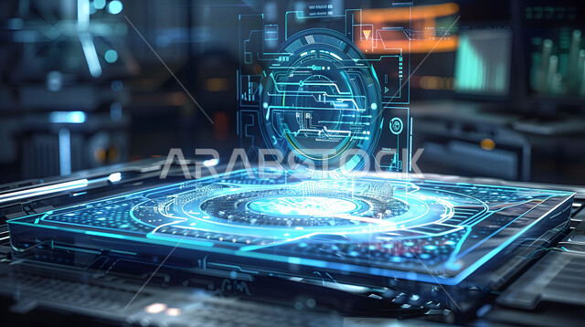 التطور و التقدم التقني والتكنولوجي, رؤية مستقبلية سعودية 2030, المخططات والتصاميم الهندسية لمشاريع المستقبل, رسوم بيانية هولوجرامية داخل شاشة, شبكة البيانات الضخمة والتحول الرقمي، استخدام التكنولوجيا الحديثة في المجال العملي