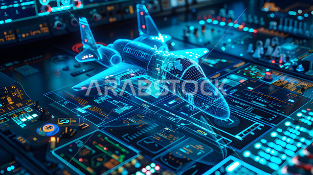 Engineering plans and designs for future projects, three-dimensional holographic diagrams of the prototype of the jet machine, technical and technological development and progress, Saudi future vision 2030, the concept of tourism and travel, moving towards the horizon