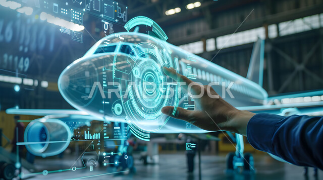 Technical and technological progress and development, Saudi future vision 2030, engineering plans and designs for future projects, a close-up of a man’s hand pressing three-dimensional holographic diagrams of the prototype of the jet machine, the concept of tourism and travel, moving towards the horizon
