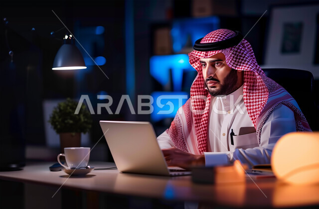  إدارة شؤون الأعمال وتنظيمها عبر الاجهزة التقنية, دمج العمل مع التقنية والتكنولوجيا، رجل اعمال عربي خليجي سعودي يرتدي الزي التقليدي والشماغ يعمل على الحاسوب المحمول داخل المكتب، استخدام حساس، محتوى حساس
