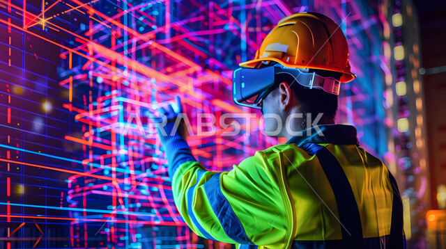 مفهوم هندسة الإنشاءات المعمارية, رسومات بيانية هولوجرامية ثلاثية الأبعاد لمخطط هندسي، استعمال التقنيات الحديثة لمتابعة المشاريع والمخططات الهندسية المتطورة، صورة مقربة من الخلف لمهندس عربي خليجي سعودي يرتدي لباس العمل وخوذة الحماية يقوم بمتابعة المشروع البنائي
