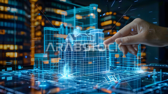 المخططات و التصاميم الهندسية المتطورة لمشاريع البناء المستقبلية في السعودية، خلفية هولوجرامية ثلاثية الأبعاد للمباني والمنشآت ,رؤية مستقبلية سعودية 2030 ,صورة مقربة ليد مهندس عربي خليجي سعودي يراقب جودة العمل