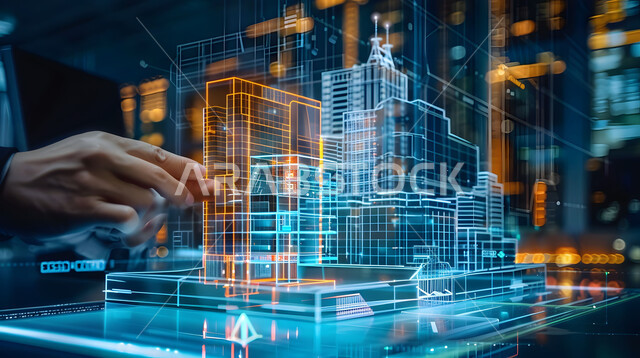 المخططات و التصاميم الهندسية المتطورة لمشاريع البناء المستقبلية في السعودية، خلفية هولوجرامية ثلاثية الأبعاد للمباني والمنشآت ,رؤية مستقبلية سعودية 2030 ,صورة مقربة ليد مهندس عربي خليجي سعودي يراقب جودة العمل