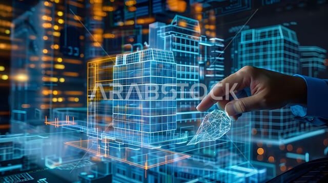 خلفية هولوجرامية ثلاثية الأبعاد للمباني والمنشآت ,رؤية مستقبلية سعودية 2030 ,التصاميم والمخططات الهندسية المتطورة لمشاريع البناء المستقبلية في السعودية، صورة مقربة ليد مهندس عربي خليجي سعودي يراقب جودة العمل