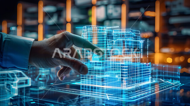 رؤية مستقبلية سعودية 2030 ,التصاميم والمخططات الهندسية المتطورة لمشاريع البناء المستقبلية في السعودية، صورة مقربة ليد مهندس عربي خليجي سعودي يراقب جودة العمل، خلفية هولوجرامية ثلاثية الأبعاد للمباني والمنشآت