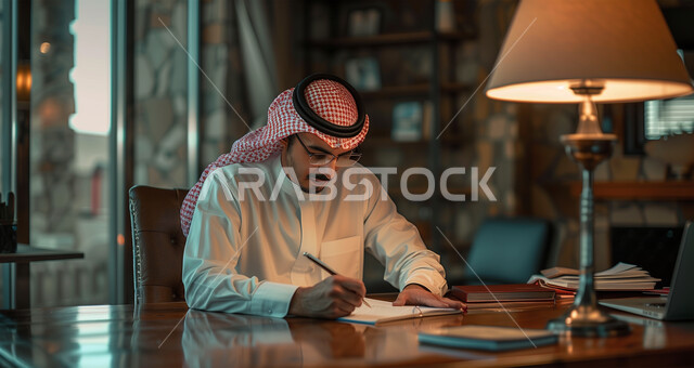 ايماءات الجديه والثقه بالنفس والتركيز، العمل ضمن الشركات في السعوديه، مهن ووظائف ادارية مكتبية، رجل أعمال عربي خليجي سعودي يرتدي الزي التقليدي مع الشماغ والنظارات الطبيه يقوم بتسجيل الملاحظات