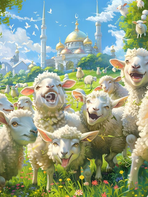 رسوم كرتونية لمجموعة خرفان بيضاء وسط حديقة بتعابير السرور، قربان وأضاحي عيد الأضحى المبارك, تربية المواشي والحيوانات في المحميات الطبيعيه، مزارع الأغنام والخرفان في المملكة العربية السعودية, الاحتفال بالأعياد والمناسبات الدينية الاسلامية، خلفية المسجد
