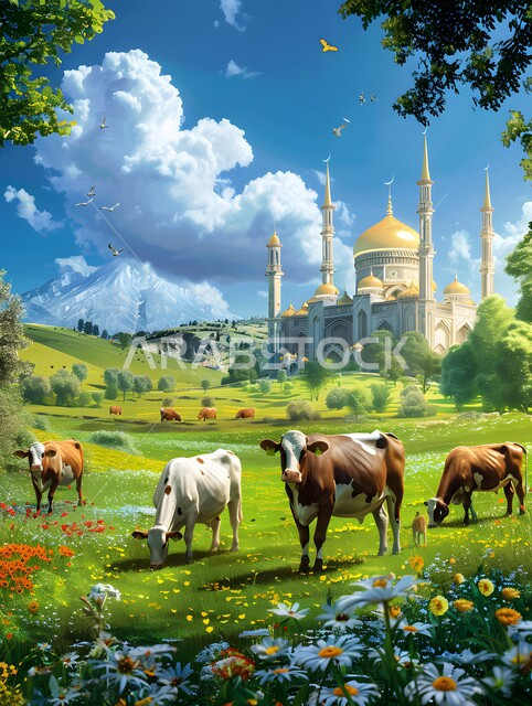 الاحتفال بالأعياد والمناسبات الدينية الاسلامية، رسوم كرتونية لمجموعة بقر وسط حديقة، قربان وأضاحي عيد الأضحى المبارك, تربية المواشي والحيوانات في المحميات الطبيعيه، مزارع الأبقار في المملكة العربية السعودية,  خلفية المسجد