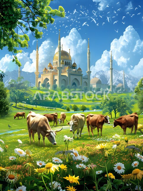 الاحتفال بالأعياد والمناسبات الدينية الاسلامية، رسوم كرتونية لمجموعة بقر وسط حديقة، قربان وأضاحي عيد الأضحى المبارك, تربية المواشي والحيوانات في المحميات الطبيعيه، مزارع الأبقار في المملكة العربية السعودية,  خلفية المسجد