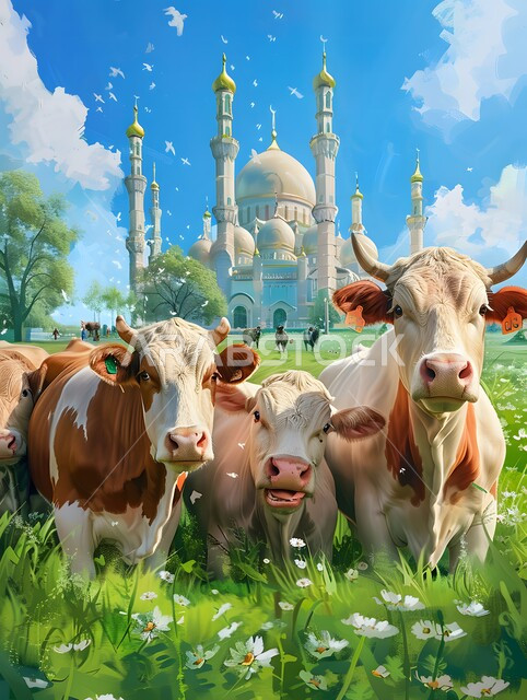 الاحتفال بالأعياد والمناسبات الدينية الاسلامية، رسوم كرتونية لمجموعة بقر وسط حديقة، قربان وأضاحي عيد الأضحى المبارك, تربية المواشي والحيوانات في المحميات الطبيعيه، مزارع الأبقار في المملكة العربية السعودية,  خلفية المسجد