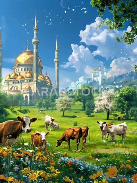 الاحتفال بالأعياد والمناسبات الدينية الاسلامية، رسوم كرتونية لمجموعة بقر وسط حديقة، قربان وأضاحي عيد الأضحى المبارك, تربية المواشي والحيوانات في المحميات الطبيعيه، مزارع الأبقار في المملكة العربية السعودية,  خلفية المسجد
