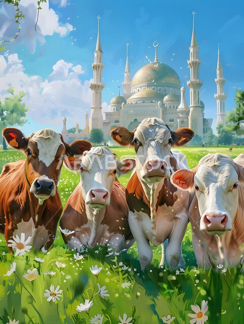 الاحتفال بالأعياد والمناسبات الدينية الاسلامية، رسوم كرتونية لمجموعة بقر وسط حديقة، قربان وأضاحي عيد الأضحى المبارك, تربية المواشي والحيوانات في المحميات الطبيعيه، مزارع الأبقار في المملكة العربية السعودية,  خلفية المسجد
