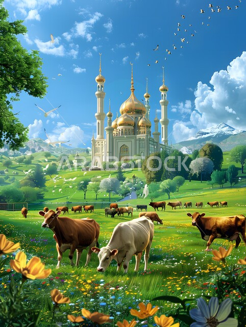 Celebrating Islamic religious holidays and occasions, cartoon drawings of a group of cows in the middle of a garden, offerings and sacrifices for Eid al-Adha, raising livestock and animals in natural reserves, cow farms in the Kingdom of Saudi Arabia, mosque background