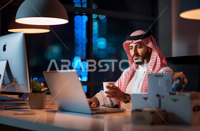 استخدام الحاسوب المحمول في العمل، العمل لساعات طويله وانجاز المهام عن بعد، مهن ووظائف مكتبية سعودية، صورة لرجل اعمال عربي خليجي سعودي يرتدي الشماغ والثوب التقليدي يجلس في مكتبه يعمل لساعات عمل متاخره، احتساء القهوة اثناء العمل، خلفية زرقاء