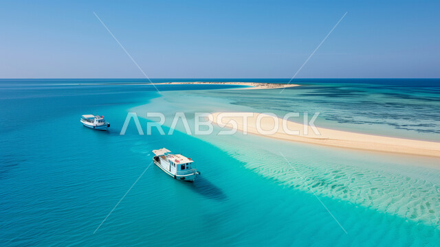 الملاحة البحرية والرحلات الترفيهية، منظر المياه الزرقاء النقية، قاربين يبحران وسط البحر الأحمر قرب جزيرة صغيرة، معالم طبيعية سياحية في المملكة العربية السعودية، المسطحات والثروات المائية في البلاد