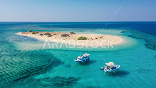 الملاحة البحرية والرحلات الترفيهية، منظر المياه الزرقاء النقية، قاربين يبحران وسط البحر الأحمر قرب جزيرة صغيرة، معالم طبيعية سياحية في المملكة العربية السعودية، المسطحات والثروات المائية في البلاد