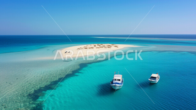 Marine navigation and recreational trips, a view of pure blue waters, two boats sailing in the middle of the Red Sea near a small island, natural tourist attractions in the Kingdom of Saudi Arabia, bodies of water and water resources in the country