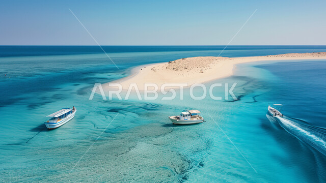 Marine navigation and recreational trips, a view of pure blue waters, two boats sailing in the middle of the Red Sea near a small island, natural tourist attractions in the Kingdom of Saudi Arabia, bodies of water and water resources in the country