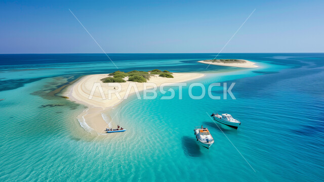 The view of pure blue waters, recreational trips and sea navigation, two boats sailing in the middle of the Red Sea near a small island, natural tourist attractions in the Kingdom of Saudi Arabia, bodies of water and water resources in the country