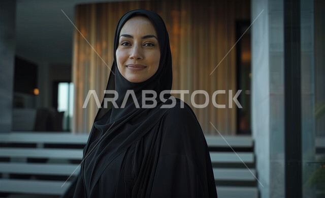 مفهوم الأنوثة والنعومة والاهتمام بالمظهر الخارجي، صورة مقربة لامرأة عربية خليجية سعودية ترتدي الحجاب والعباءة السوداء تنظر إلى الكاميرا بإيماءات الثقة بالنفس، حجابات نسائية عصريه حديثه