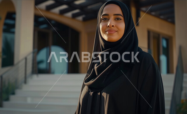 حجابات نسائية عصريه حديثه، الأنوثة والنعومة والاهتمام بالمظهر الخارجي، صورة مقربة لامرأة عربية خليجية سعودية ترتدي الحجاب والعباءة السوداء تنظر إلى الكاميرا بإيماءات الثقة بالنفس