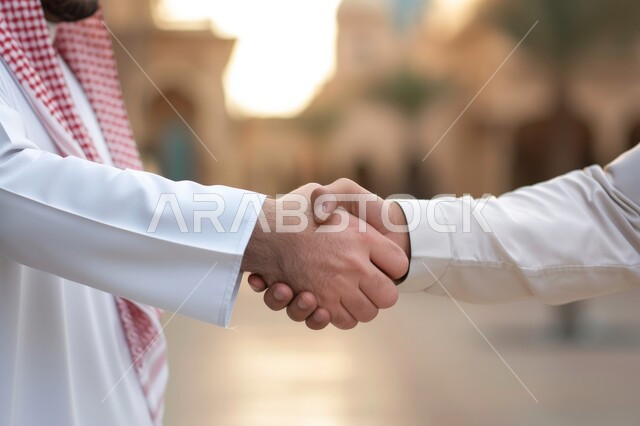 Partnership in business and projects, friendships, acquaintances and building social relationships, concluding new successful business deals between businessmen, a close-up of the hands of two Saudi men shaking hands with each other, expanding work areas.