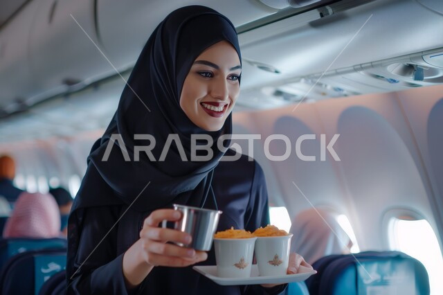 مهن ووظائف نسائية ,طاقم الاستقبال والترحيب بالركاب، صورة مقربة لمضيفة طيران عربية سعودية خليجية محجبة مبتسمة تقوم بتقديم المشروبات الساخنة للمسافرين ،الخطوط الجوية السعودية, مفهوم السياحة والسفر