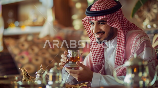 تقديم المشروبات الساخنة اللذيذة, صورة مقربة لرجل عربي سعودي خليجي يرتدي الثوب والشماغ السعودي التقليدي يمسك بيده كأس من الشاي وينظر الى شيء ما بتعابير السرور, إكرام الضيف و حسن الضيافه والاستقبال