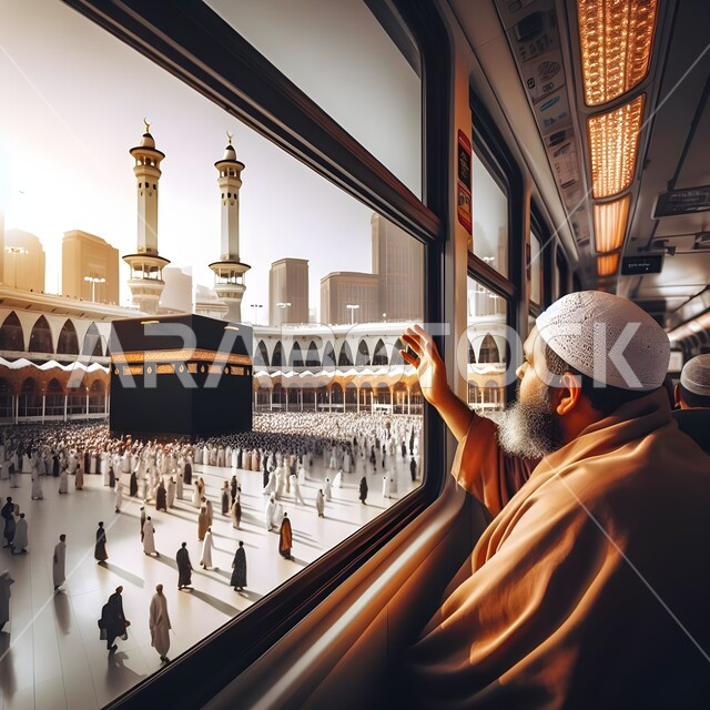 ايماءات الشوق و الحنين، صورة مقربة لحاج عربي خليجي سعودي يرتدي العباءة والعمامة البيضاء ينظر إلى الكعبة من داخل  القطار السريع في مكة المكرمة، جمع المسلمين من انحاء العالم، الدعاء والعباده والتقرب الى الله، تلبية نداء الله لاداء فريضة الحج في شهر ذي الحجة،