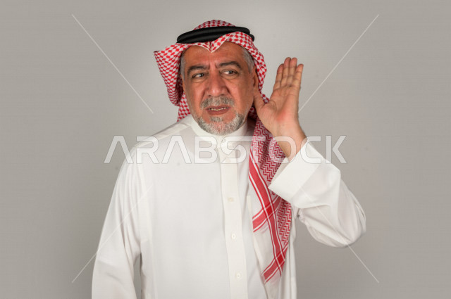 Portrait of an old man from Saudi Arabia with different facial gestures, different facial and hand expressions, white background