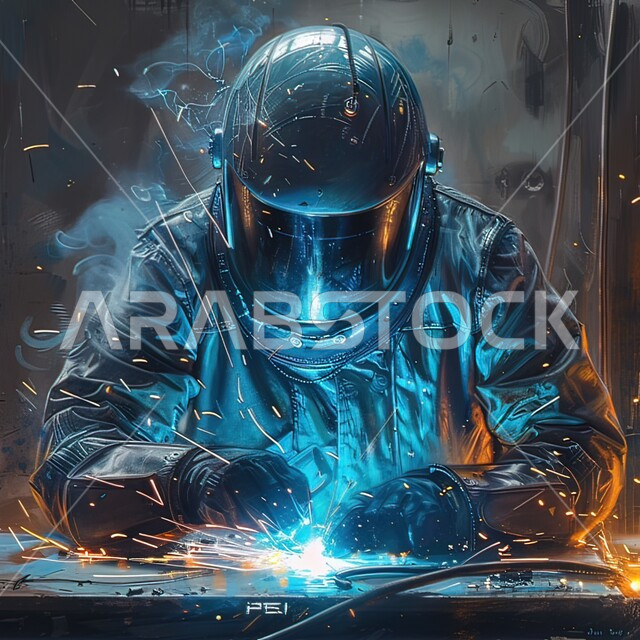 المهارة في اتقان العمل في مصنع الحداده, صورة مقربة لمهندس صناعي يرتدي الخوذة وقناع الحمايه الواقي يقوم بلحام المعدن, استخدام آله لحام لتوصيل الحديد, تجهيز وتوصيل الحديد  بمعدات وأدوات لحامية , مهن وأعمال سعوديه