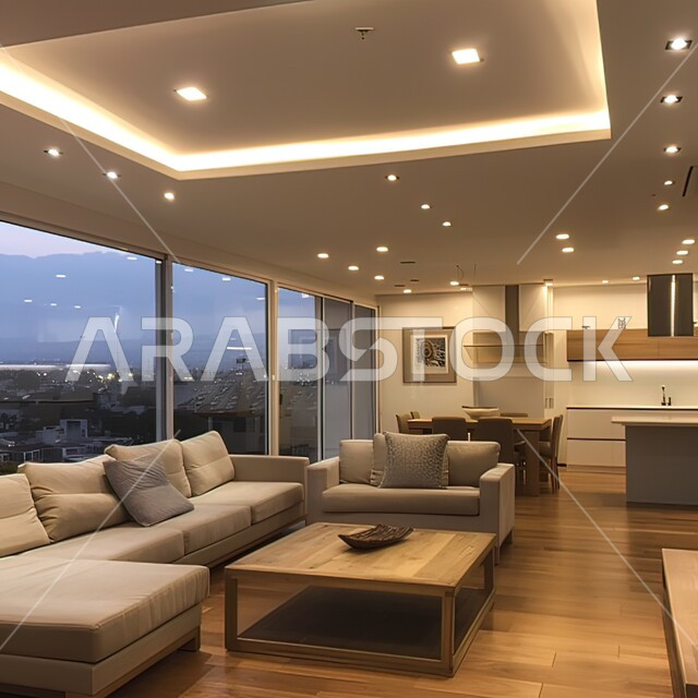 غرفة جلوس مع أريكة ووسائد وواجهات زجاجية, ديكورات داخليه أنيقة، غرف معيشه بتصاميم عصرية حديثه فاخرة، تحف و إكسسوارات وأثاث منزلي راقي، شقق وفلل سكنية في السعودية،  زراعة ورعاية نباتات الزينة المنزلية