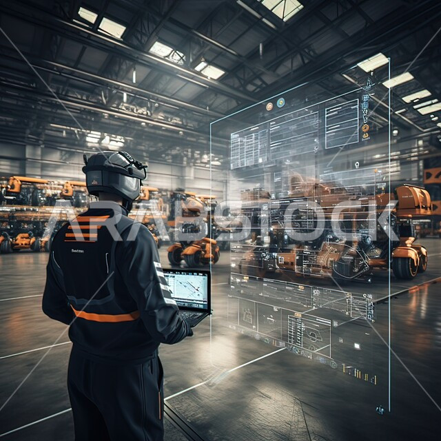 المهارة في اتقان العمل, عامل مستودع يرتدي خوذة الحماية الواقية يستخدم الكمبيوتر اللوحي الرقمي في المستودع، رسم توضيحي ثلاثي الأبعاد، مهن ووظائف سعوديه،