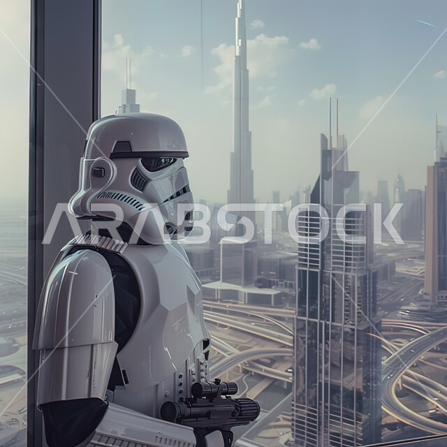الابتكار والعلوم والتكنولوجيا، تطور الذكاء الاصطناعي والتعاون بينها وبين البشر، التحول الرقمي والتقدم التقني، تحقيق الثورة الصناعية, صورة مقربة لروبوت يحمل سلاح امام مدينة دبي , تقدم التقنيات الحديثة,