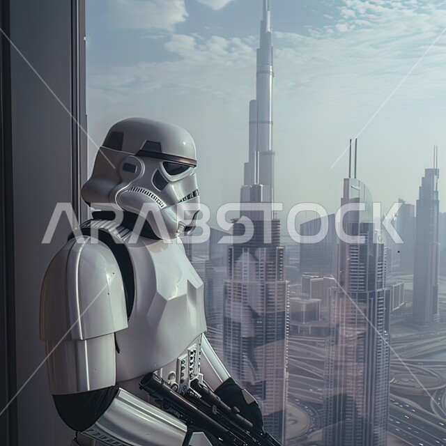 تطور الذكاء الاصطناعي والتعاون بينها وبين البشر، الابتكار والعلوم والتكنولوجيا، تطور الذكاء الاصطناعي والتعاون بينها وبين البشر، التحول الرقمي والتقدم التقني، تحقيق الثورة الصناعية, صورة مقربة لروبوت يحمل سلاح امام مدينة دبي , تقدم التقنيات الحديثة, 