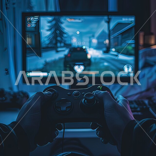 Using modern technical devices, a close-up picture of the hand of a young Saudi Arabian Gulf man holding a joystick in his hand and playing video games, fun entertainment PlayStation games, the concept of winning and losing, spending a good time at home.