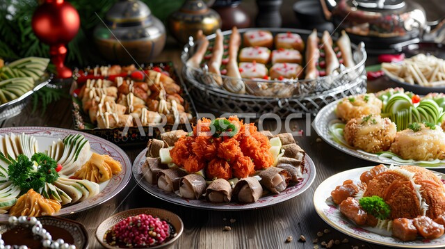 مائدة طعام مليئة بالوجبات المتنوعة الرمضانية، الأصناف و الأطباق والمقبلات العربية الشرقية اللذيذة، سفرة من المأكولات الشعبية التقليدية الشهية، أجواء شهر رمضان المبارك، العزائم والولائم في الأعياد والمناسبات الإسلامية