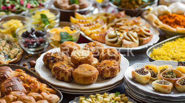 مائدة طعام مليئة بالوجبات المتنوعة الرمضانية، الأصناف و الأطباق والمقبلات العربية الشرقية اللذيذة، سفرة من المأكولات الشعبية التقليدية الشهية، أجواء شهر رمضان المبارك، العزائم والولائم في الأعياد والمناسبات الإسلامية