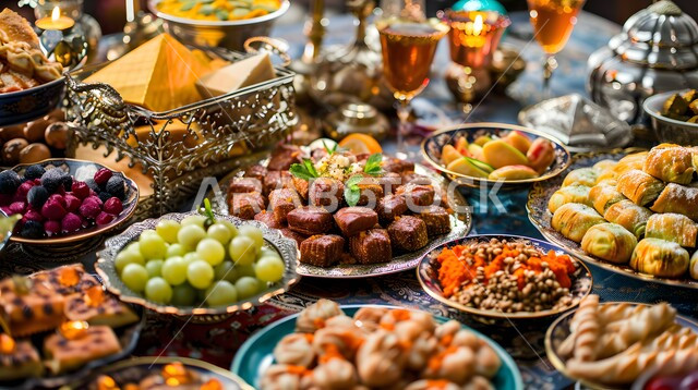 مائدة طعام مليئة بالوجبات المتنوعة الرمضانية، الأصناف و الأطباق والمقبلات العربية الشرقية اللذيذة، سفرة من المأكولات الشعبية التقليدية الشهية، أجواء شهر رمضان المبارك، العزائم والولائم في الأعياد والمناسبات الإسلامية