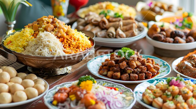 مائدة طعام مليئة بالوجبات المتنوعة الرمضانية، الأصناف و الأطباق والمقبلات العربية الشرقية اللذيذة، سفرة من المأكولات الشعبية التقليدية الشهية، أجواء شهر رمضان المبارك، العزائم والولائم في الأعياد والمناسبات الإسلامية