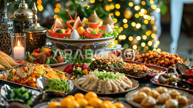 مائدة طعام مليئة بالوجبات المتنوعة الرمضانية، الأصناف و الأطباق والمقبلات العربية الشرقية اللذيذة، سفرة من المأكولات الشعبية التقليدية الشهية، أجواء شهر رمضان المبارك، العزائم والولائم في الأعياد والمناسبات الإسلامية