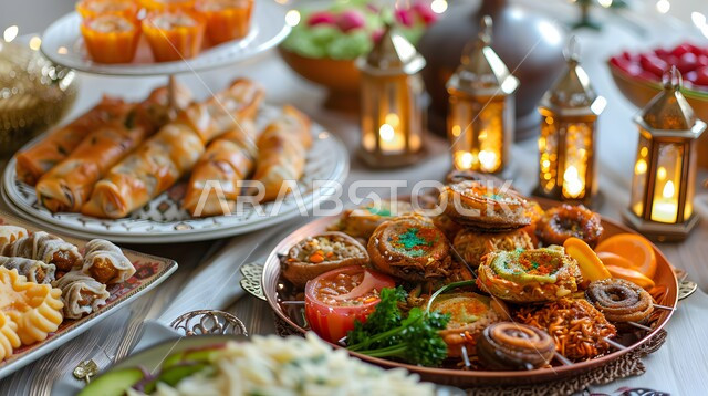 المقبلات والأطباق والأصناف العربية الشرقية اللذيذة، مائدة طعام مليئة بالوجبات المتنوعة الرمضانية، سفرة من المأكولات الشعبية التقليدية الشهية، أجواء شهر رمضان المبارك، العزائم والولائم في الأعياد والمناسبات الإسلامية