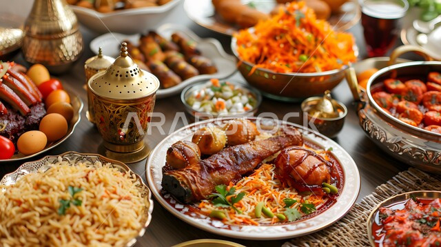المقبلات والأطباق والأصناف العربية الشرقية اللذيذة، مائدة طعام مليئة بالوجبات المتنوعة الرمضانية، سفرة من المأكولات الشعبية التقليدية الشهية، أجواء شهر رمضان المبارك، العزائم والولائم في الأعياد والمناسبات الإسلامية
