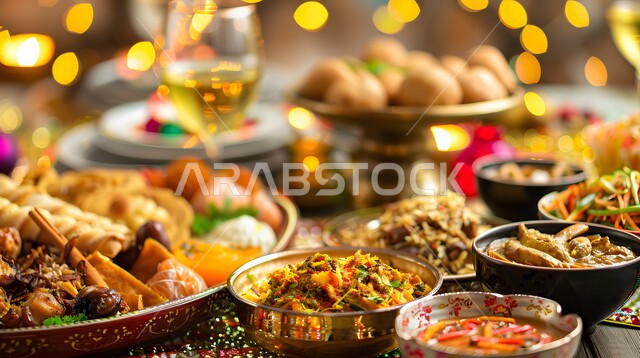 Delicious oriental Arabic appetizers, dishes and dishes, a dining table full of various Ramadan meals, a meal of delicious traditional popular food, the atmosphere of the blessed month of Ramadan, invitations and banquets on Islamic holidays and occasions.