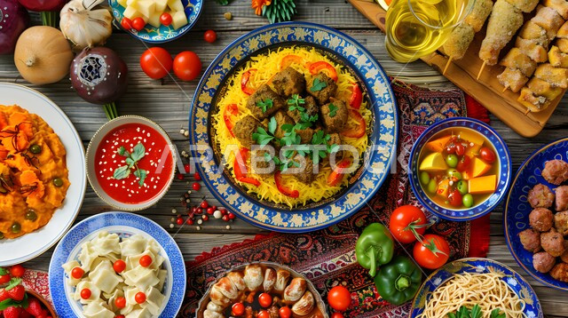 The atmosphere of the holy month of Ramadan, a feast of delicious traditional popular food, delicious oriental Arab varieties, dishes and appetizers, a dining table full of various Ramadan meals, invitations and banquets on Islamic holidays and occasions.