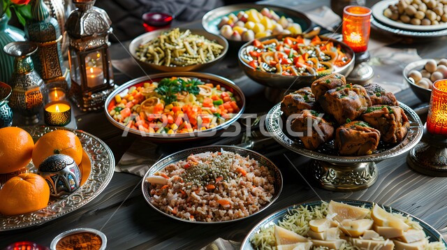 The atmosphere of the holy month of Ramadan, a feast of delicious traditional popular food, delicious oriental Arab varieties, dishes and appetizers, a dining table full of various Ramadan meals, invitations and banquets on Islamic holidays and occasions.