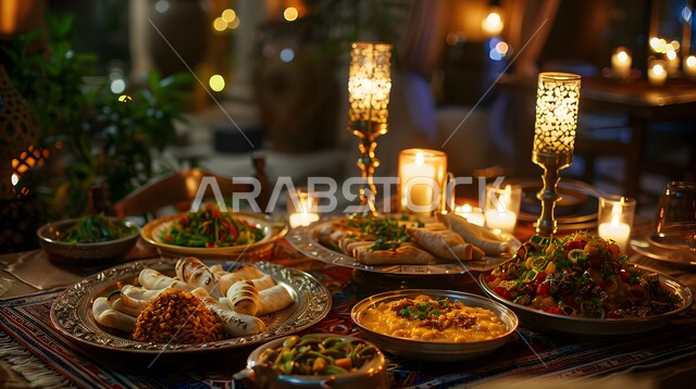 The atmosphere of the holy month of Ramadan, a feast of delicious traditional popular food, delicious oriental Arab varieties, dishes and appetizers, a dining table full of various Ramadan meals, invitations and banquets on Islamic holidays and occasions.