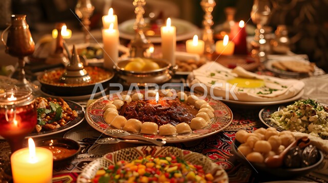 The atmosphere of the holy month of Ramadan, a feast of delicious traditional popular food, delicious oriental Arab varieties, dishes and appetizers, a dining table full of various Ramadan meals, invitations and banquets on Islamic holidays and occasions.